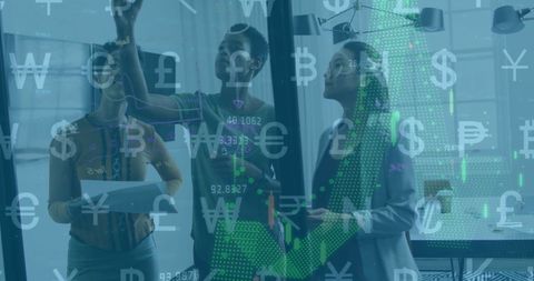 Global Team Analyzing Financial Currency Data in Modern Office