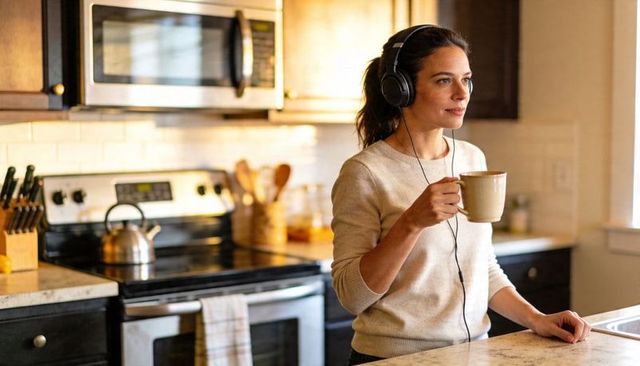 Woman wearing headphones holding mug in modern cozy kitchen morning routine
