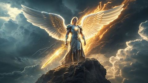 Heroic Angelic Warrior with Glowing Sword on Rocky Peak