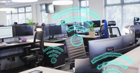 Empty Office Space with Digital WIFI Connectivity Icons - Download Free Stock Images Pikwizard.com