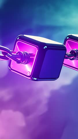 Rotating Neon-Lit Metallic Cube on Chain Vertical Loop for Futuristic Tech Background