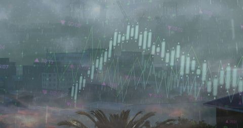 Rainy Cityscape with Financial Data Overlay