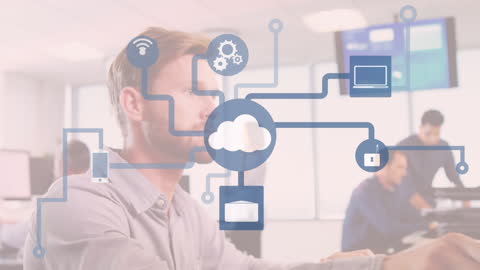 Businessman Navigating Technology Network in Modern Office