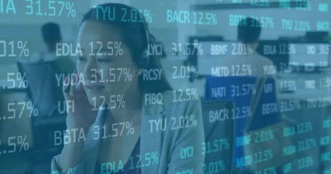 Female Call Center Agent Speaking into Headset with Stock Market Ticker Overlay
