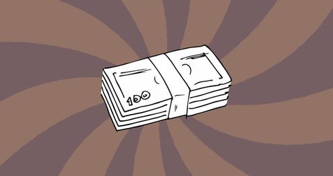 Illustrated money stack on purple sunburst background