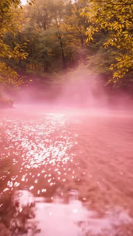 Warming sunlight creating pink mist rising over shallow forest stream revealing pebbles