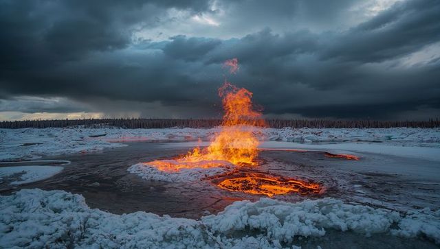 Blazing Flames Erupting Amidst Frozen Landscape Under Stormy Sky