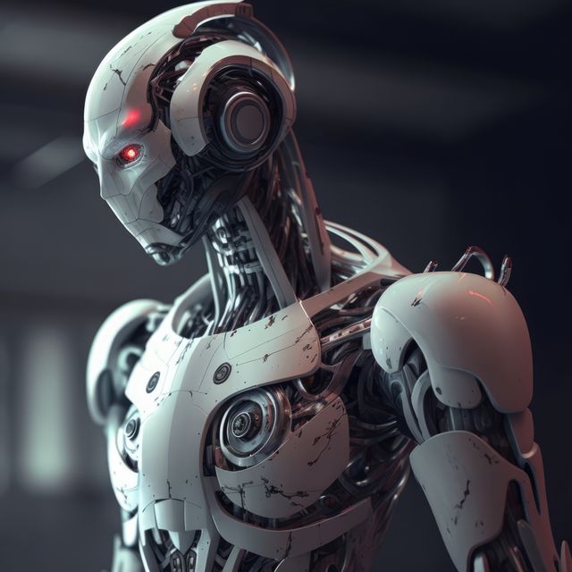Image showcases a highly detailed futuristic robot with a sleek design, advanced technology, and glowing red eyes. Surrounded by a dark environment, this robot suggests themes of artificial intelligence, innovation, and futuristic sci-fi. Suitable for use in technology articles, AI innovation content, sci-fi projects, cyberpunk themes, and educational materials on robotics.