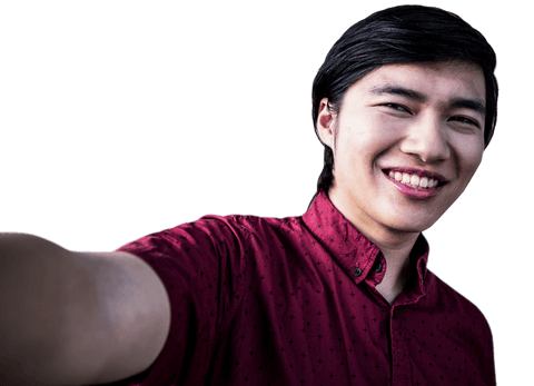 Smiling hipster taking selfie on transparent background