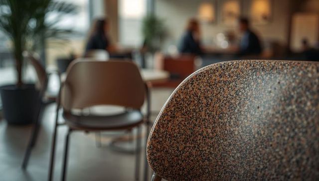 Showing terrazzo chair back in modern office lounge with blurred business-casual staff