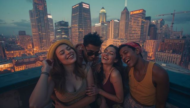 Youthful friends enjoying rooftop gathering in cityscape at dusk