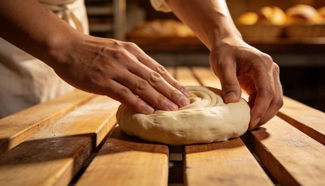 Baker shaping coiled dough on wooden bench with warm light and artisanal loaf