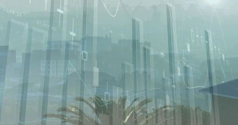 Misty Coastal Skyline with Financial Candlestick Overlay Conveying Urban Market Dynamics