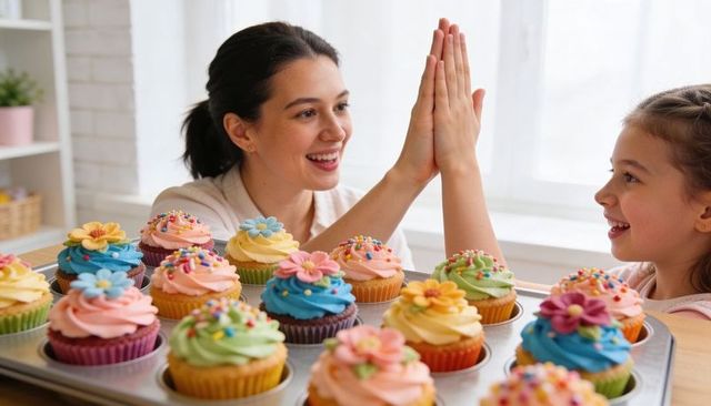 Mom and Daughter High-Fiving Over Colorful Cupcakes While Baking Together
