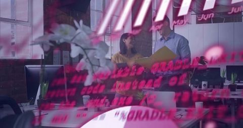 Colleagues discuss business ideas in modern office with digital overlay