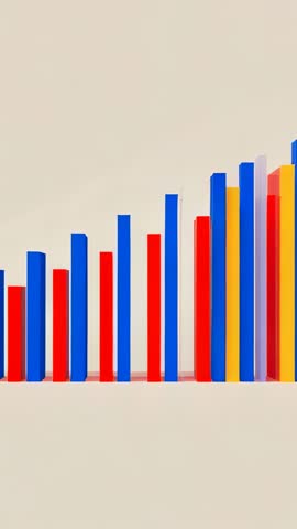 Vertical looping animation of colorful bar wave rising across beige studio base