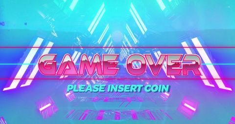 Retro game over message with neon tunnel background
