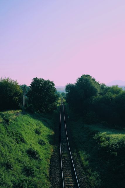 Linear railway tracks running through green hills and dense trees. This image can be used in articles or marketing materials related to travel, adventure, and transportation. It evokes a sense of serenity, making it ideal for promoting relaxation and nature tours.