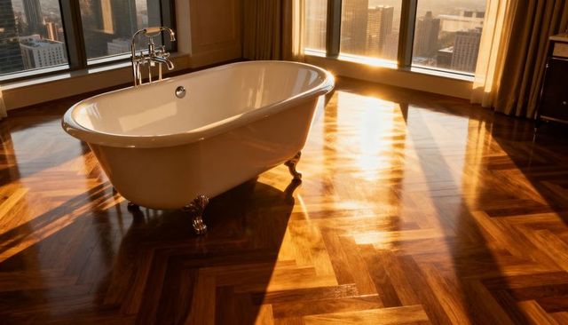Sunlit luxury clawfoot bathtub in high-rise suite with parquet floor and city skyline