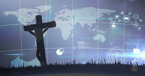 Silhouette crucifix with digital data visualization