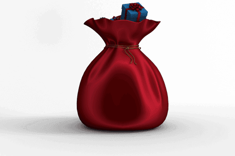 Festive red sack filled with surprising transparent gifts