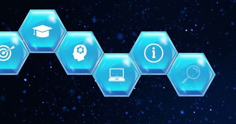 Educational Icons on Blue Hexagonal Background Under Starry Sky
