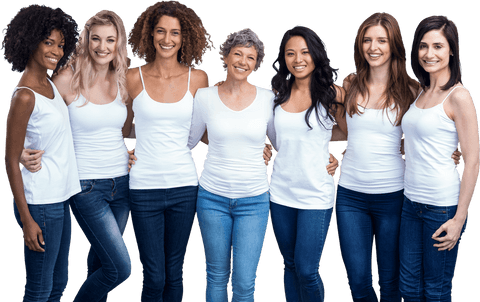 Diverse group of happy women in white sleeveless shirts stands smiling transparent