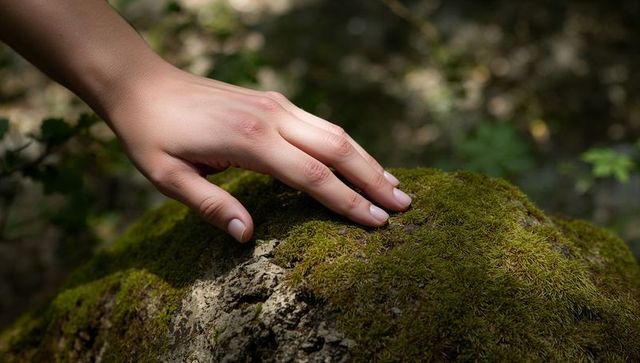 Hand touching soft moss on sunlit rock, closeup nature texture and mindful connection
