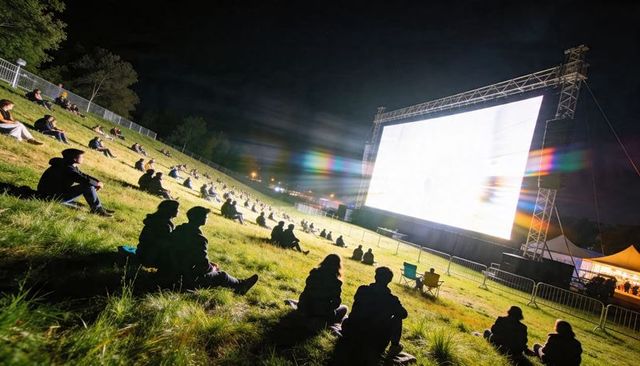 Outdoor cinema screening on grassy hill at night with spaced audience and bright screen