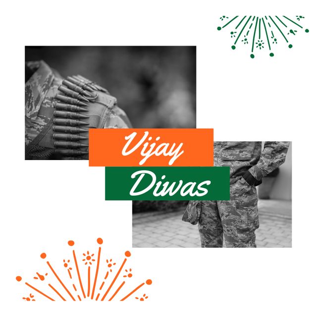 This image commemorates Vijay Diwas, depicting soldiers in uniform and military gear, emphasizing patriotism and national pride. Can be used for social media posts, articles, or event banners highlighting military achievements and war heroes. Suitable for use in campaigns, websites, or presentations focused on national security, defense mechanisms and honoring soldiers.