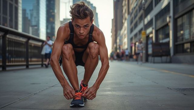 Determined male athlete tying shoe laces in urban setting