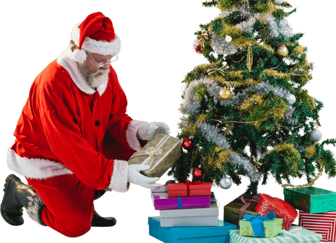 Santa Claus Arranging Christmas Presents Near Gift-Laden Tree