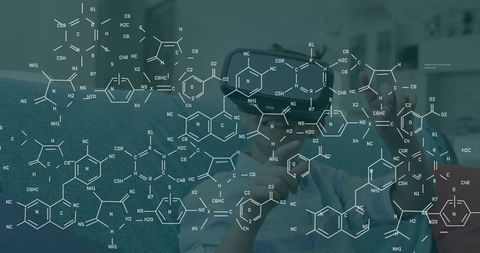 Man Using VR Headset Interacting with Digital Molecular Structures