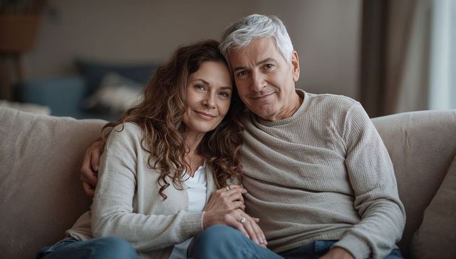 Mature couple embracing on sofa showing ring, relaxing together in cozy living room