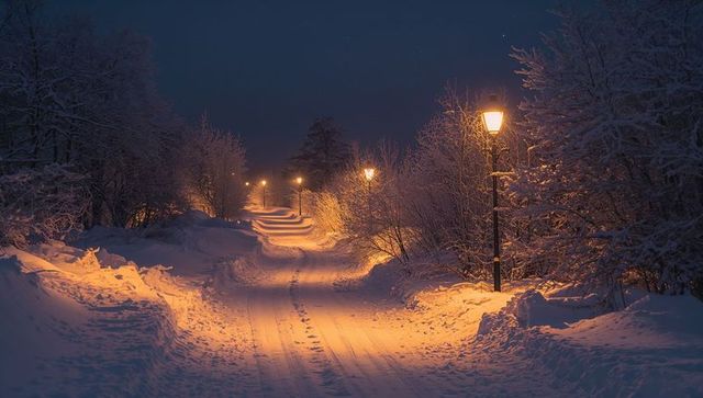 Snowy Park Path at Night with Vintage Lamplight Guiding Footprints and Warm Glow