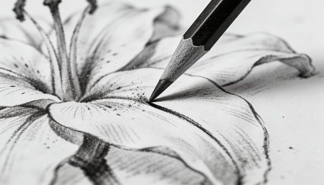 Graphite pencil sketching lily close-up with paper texture and graphite dust monochrome art