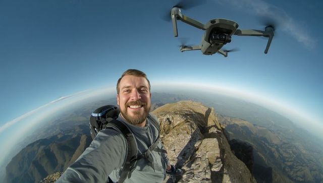 Smiling bearded hiker standing on mountain ridge with drone capturing alpine panorama
