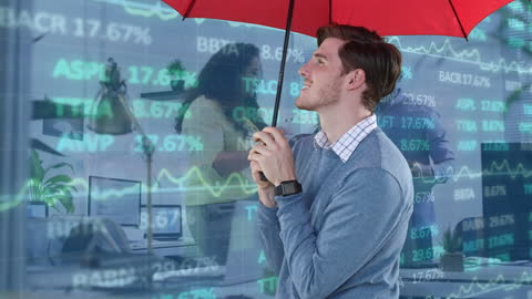 Businessman Shielding with Umbrella in Front of Virtual Stock Market