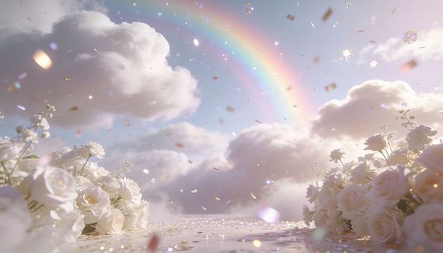 Dreamy glittering white rose aisle reflecting rainbow light with drifting confetti