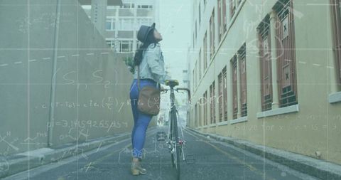 Asian woman holding bicycle in narrow urban alley looking up with math overlay