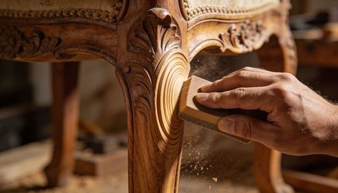 Craftsman sanding carved chair leg with sponge, fine wood dust rising, antique restoration