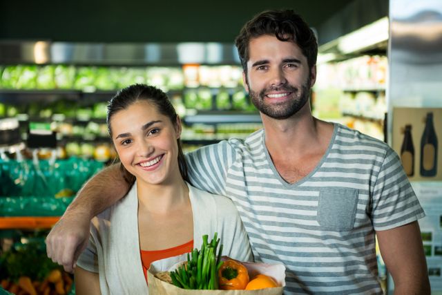 Portrait of happy couple standing with a grocery bag in organic section of supermarket