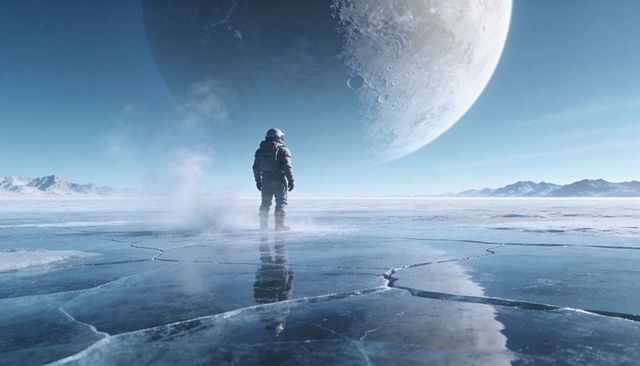 Astronaut standing on frozen plain facing giant moon over cracked reflective ice