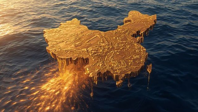 Floating Gold Map of China Over Ocean at Sunset