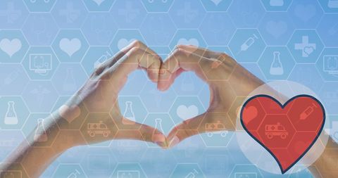 Hands Forming Heart with Medical Icons in Background