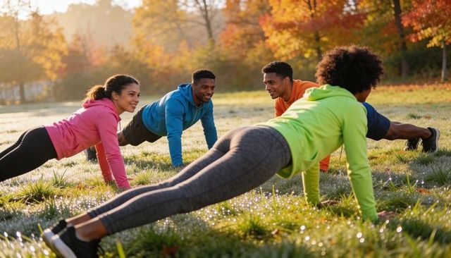 Four friends planking on dew-covered grass in autumn sunlight during outdoor group workout