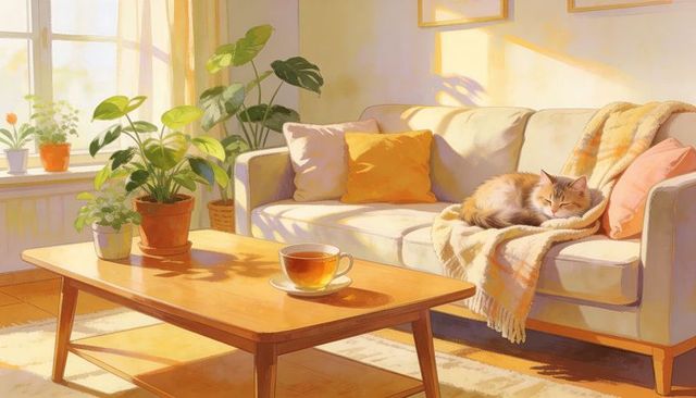 Sunlit living room with sleeping tabby cat on cream sofa, steaming teacup, cozy pastel interior