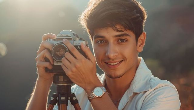 Young photographer mounting vintage 35mm slr on tripod during golden hour