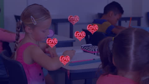 Creative Animation of Hearts Over Children Learning In Classroom