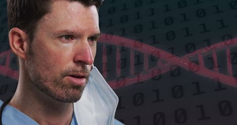 Focused doctor with dna and binary code background